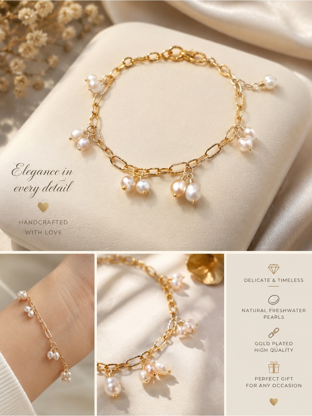 Handcrafted Gold Plated Pearl Charm Bracelet – Elegant Freshwater Pearls
